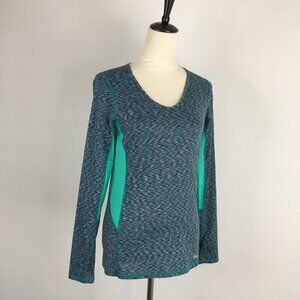 MARMOT Marled Green Navy Cream Etc Mesh Insert Long Sleeve Thumbholes Shirt Top